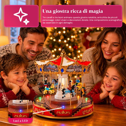 Grande roue de Noël avec lumières LED, musique et mouvement rotatif, 2 couleurs, décoration de Noël animée, hauteur 26 cm, base 22 cm, plastique