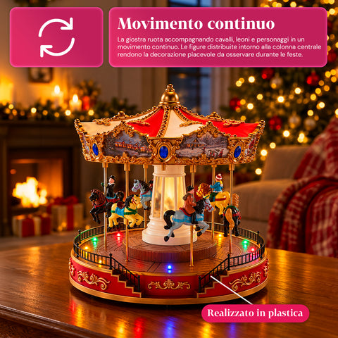 Grande roue de Noël avec lumières LED, musique et mouvement rotatif, 2 couleurs, décoration de Noël animée, hauteur 26 cm, base 22 cm, plastique