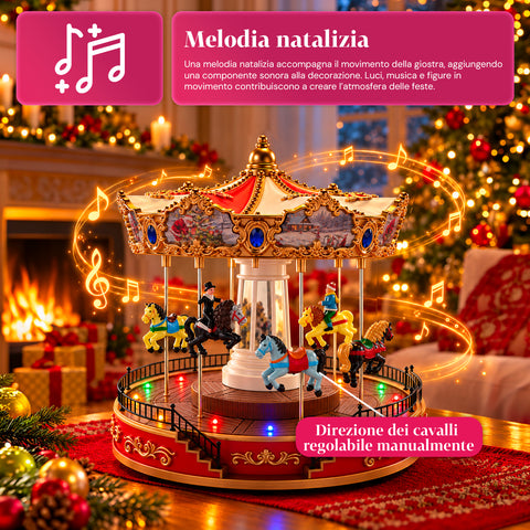 Grande roue de Noël avec lumières LED, musique et mouvement rotatif, 2 couleurs, décoration de Noël animée, hauteur 26 cm, base 22 cm, plastique