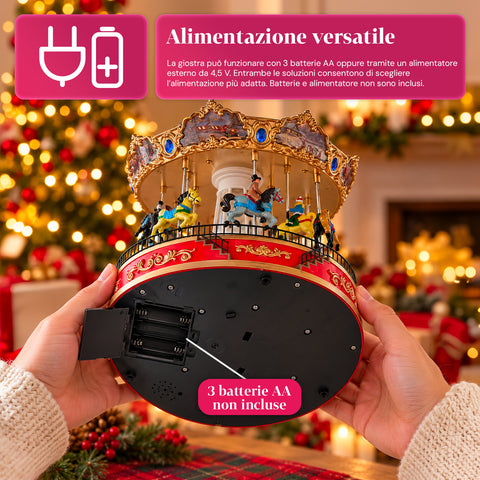 Grande roue de Noël avec lumières LED, musique et mouvement rotatif, 2 couleurs, décoration de Noël animée, hauteur 26 cm, base 22 cm, plastique