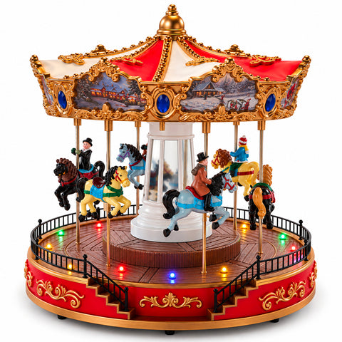 Grande roue de Noël avec lumières LED, musique et mouvement rotatif, 2 couleurs, décoration de Noël animée, hauteur 26 cm, base 22 cm, plastique