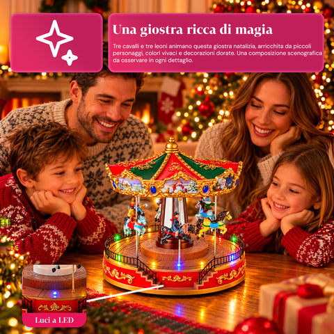 Grande roue de Noël avec lumières LED, musique et mouvement rotatif, 2 couleurs, décoration de Noël animée, hauteur 26 cm, base 22 cm, plastique