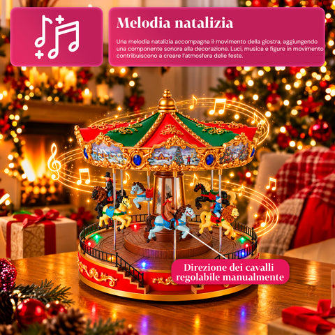 Grande roue de Noël avec lumières LED, musique et mouvement rotatif, 2 couleurs, décoration de Noël animée, hauteur 26 cm, base 22 cm, plastique