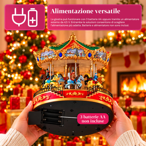 Grande roue de Noël avec lumières LED, musique et mouvement rotatif, 2 couleurs, décoration de Noël animée, hauteur 26 cm, base 22 cm, plastique