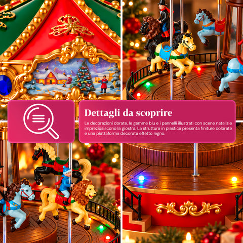 Grande roue de Noël avec lumières LED, musique et mouvement rotatif, 2 couleurs, décoration de Noël animée, hauteur 26 cm, base 22 cm, plastique