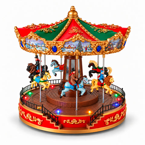 Grande roue de Noël avec lumières LED, musique et mouvement rotatif, 2 couleurs, décoration de Noël animée, hauteur 26 cm, base 22 cm, plastique