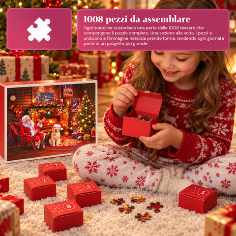 Calendrier de l’Avent puzzle de 1008 pièces à assembler en 24 jours, scène de Noël avec le Père Noël et un chien, puzzle final de 70x50 cm