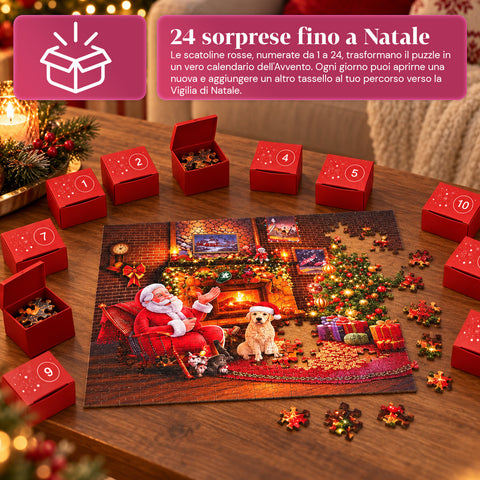 Calendrier de l’Avent puzzle de 1008 pièces à assembler en 24 jours, scène de Noël avec le Père Noël et un chien, puzzle final de 70x50 cm