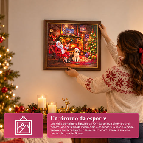 Calendrier de l’Avent puzzle de 1008 pièces à assembler en 24 jours, scène de Noël avec le Père Noël et un chien, puzzle final de 70x50 cm