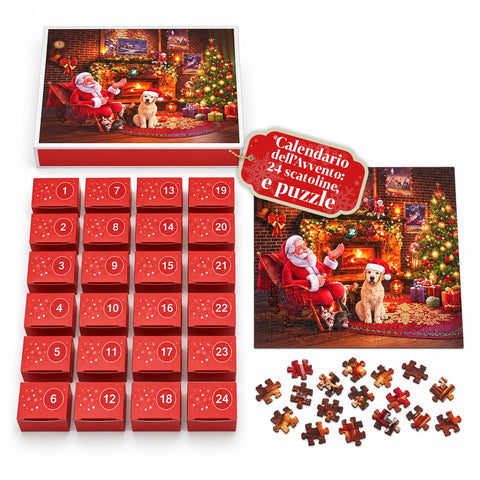 Calendrier de l’Avent puzzle de 1008 pièces à assembler en 24 jours, scène de Noël avec le Père Noël et un chien, puzzle final de 70x50 cm
