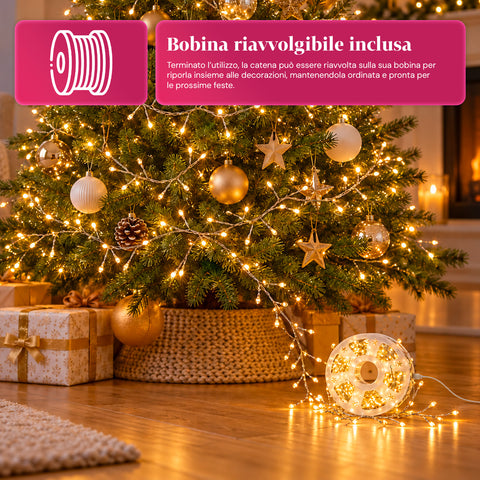 Guirlande lumineuse 1000 microLED sur bobine, 3 couleurs, intérieur/extérieur, câble argenté de 13 m, 8 jeux de lumière, transformateur inclus, modèle de Noël, ampoule 2 mm