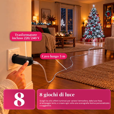 Guirlande lumineuse 1000 microLED sur bobine, 3 couleurs, intérieur/extérieur, câble argenté de 13 m, 8 jeux de lumière, transformateur inclus, modèle de Noël, ampoule 2 mm