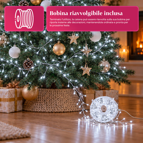 Guirlande lumineuse 1000 microLED sur bobine, 3 couleurs, intérieur/extérieur, câble argenté de 13 m, 8 jeux de lumière, transformateur inclus, modèle de Noël, ampoule 2 mm