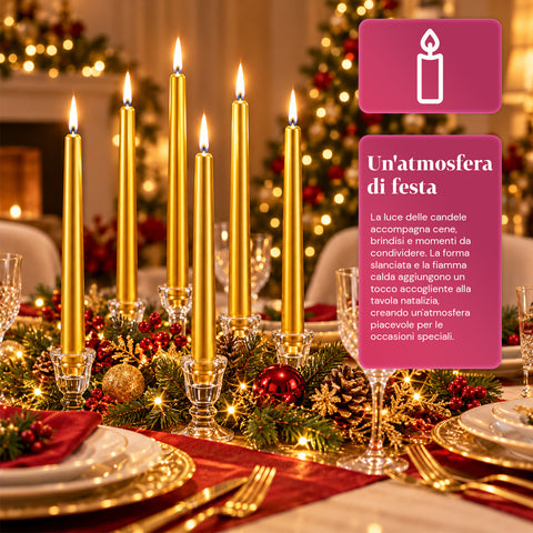 Bougies fines de Noël pour centres de table et chandeliers, lot de 6, 2 couleurs, hauteur 20 cm, cire de paraffine, finition brillante effet métallique