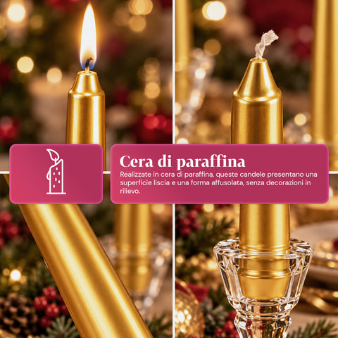 Bougies fines de Noël pour centres de table et chandeliers, lot de 6, 2 couleurs, hauteur 20 cm, cire de paraffine, finition brillante effet métallique