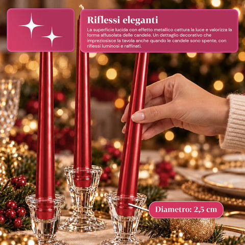 Bougies fines de Noël pour centres de table et chandeliers, lot de 6, 2 couleurs, hauteur 20 cm, cire de paraffine, finition brillante effet métallique