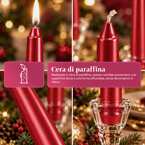 Bougies fines de Noël pour centres de table et chandeliers, lot de 6, 2 couleurs, hauteur 20 cm, cire de paraffine, finition brillante effet métallique