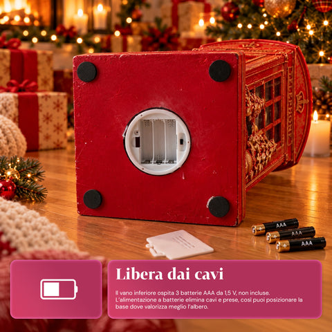 Pied de sapin de Noël en forme de cabine téléphonique anglaise avec lumières LED, Père Noël et petit sapin dorés, trou universel de 4 cm, pour troncs jusqu’à 180 cm