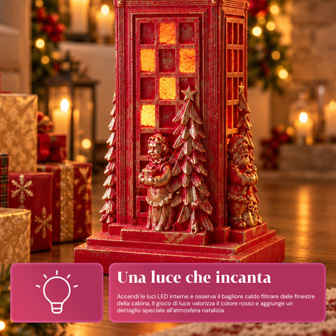 Pied de sapin de Noël en forme de cabine téléphonique anglaise avec lumières LED, Père Noël et petit sapin dorés, trou universel de 4 cm, pour troncs jusqu’à 180 cm