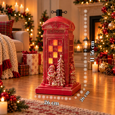 Pied de sapin de Noël en forme de cabine téléphonique anglaise avec lumières LED, Père Noël et petit sapin dorés, trou universel de 4 cm, pour troncs jusqu’à 180 cm