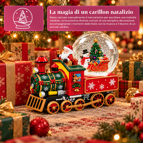 Carillon locomotive de Noël avec boule à neige en verre, Père Noël dans le train, à remontage mécanique, dimensions 22x13x17,5 cm