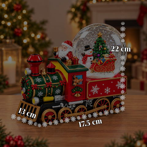 Carillon locomotive de Noël avec boule à neige en verre, Père Noël dans le train, à remontage mécanique, dimensions 22x13x17,5 cm