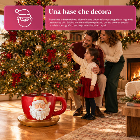 Pied de sapin de Noël en forme de tasse avec Père Noël en relief, trou universel de 4 cm, pour troncs jusqu’à 180 cm, poids 6 kg
