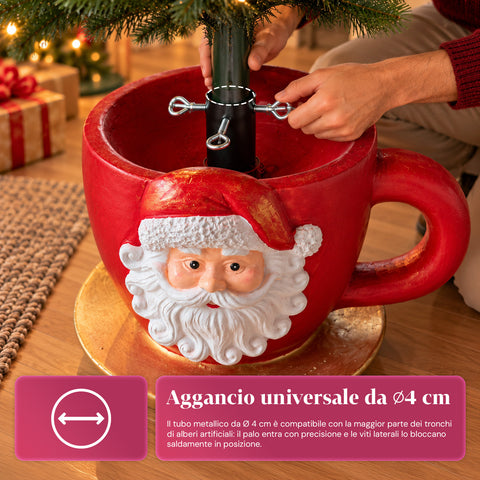 Pied de sapin de Noël en forme de tasse avec Père Noël en relief, trou universel de 4 cm, pour troncs jusqu’à 180 cm, poids 6 kg