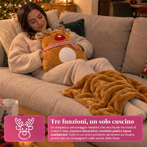 Coussin de Noël avec plaid 60x90 cm et chauffe-mains 3 en 1, 3 personnages disponibles