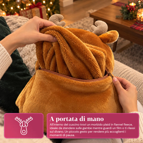 Coussin de Noël avec plaid 60x90 cm et chauffe-mains 3 en 1, 3 personnages disponibles