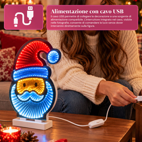 Père Noël à LED à effet infini H29 cm avec câble USB