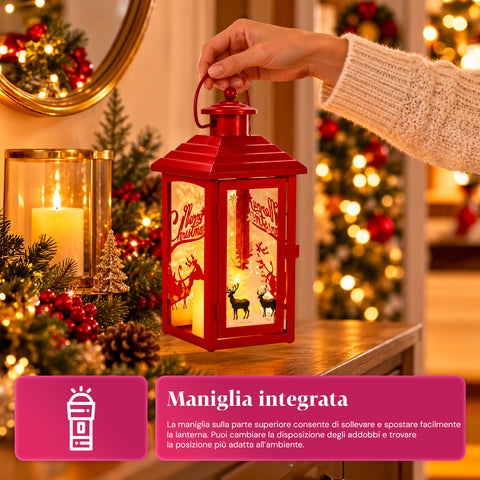 Lanterne de Noël lumineuse à piles 12x12x28 cm avec rennes