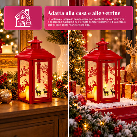 Lanterne de Noël lumineuse à piles 12x12x28 cm avec rennes
