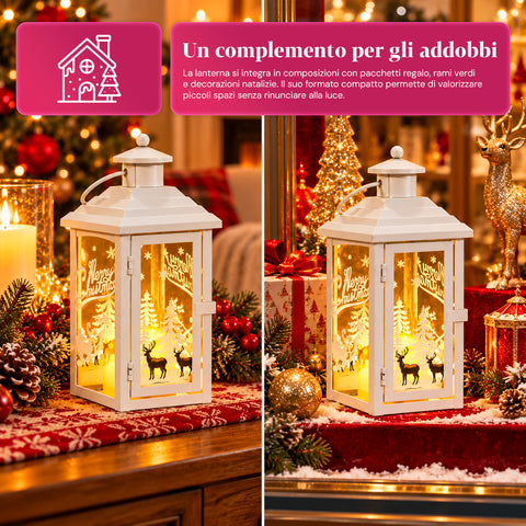 Lanterne de Noël lumineuse à piles 12x12x28 cm avec rennes
