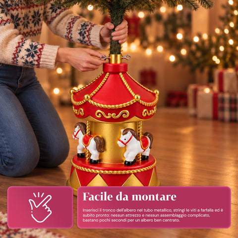 Socle de sapin de Noël en forme de manège avec chevaux, rouge et doré, 54 cm