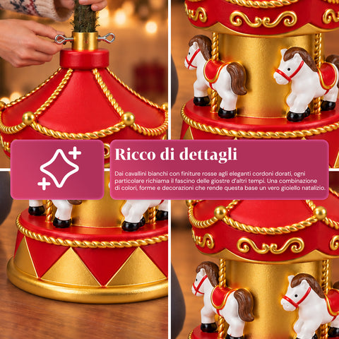 Socle de sapin de Noël en forme de manège avec chevaux, rouge et doré, 54 cm