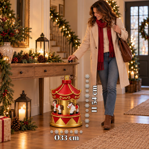 Socle de sapin de Noël en forme de manège avec chevaux, rouge et doré, 54 cm
