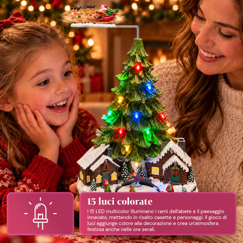 Paysage de Noël avec sapin, lumières LED, musique et mouvement