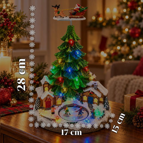 Paysage de Noël avec sapin, lumières LED, musique et mouvement