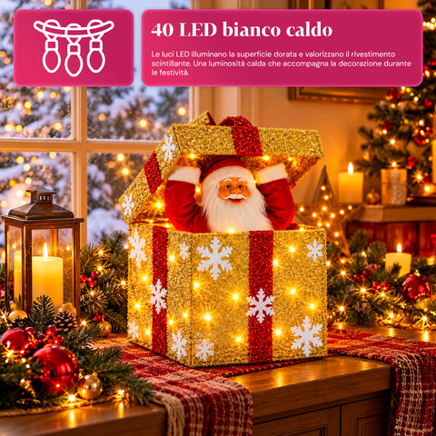 Coffret cadeau lumineux avec Père Noël musical et animé H30 cm