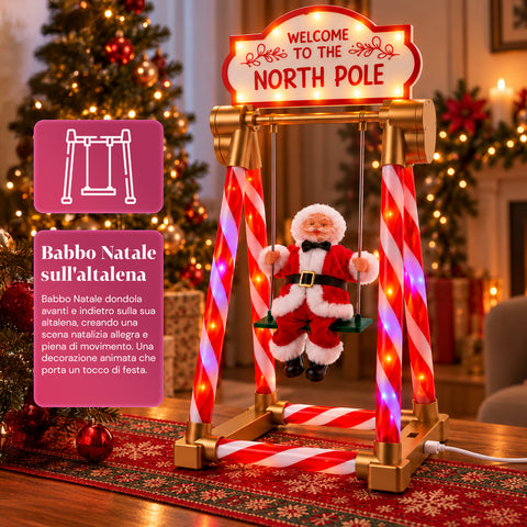 Père Noël sur balançoire 40 cm avec lumières LED, musique et mouvement