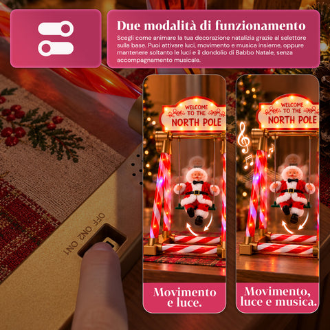 Père Noël sur balançoire 40 cm avec lumières LED, musique et mouvement