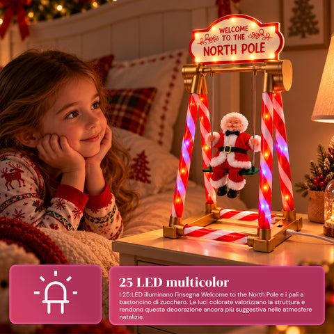 Père Noël sur balançoire 40 cm avec lumières LED, musique et mouvement