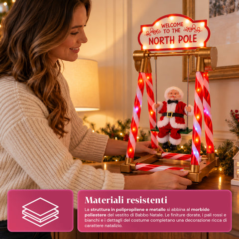 Père Noël sur balançoire 40 cm avec lumières LED, musique et mouvement
