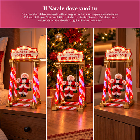 Père Noël sur balançoire 40 cm avec lumières LED, musique et mouvement