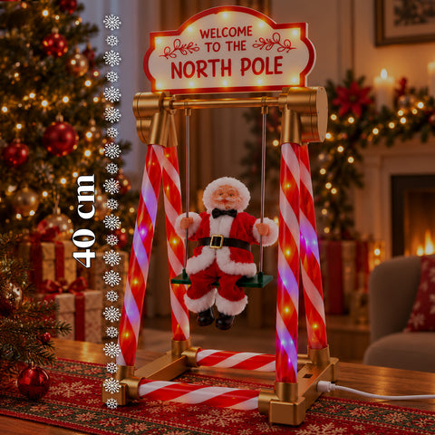 Père Noël sur balançoire 40 cm avec lumières LED, musique et mouvement