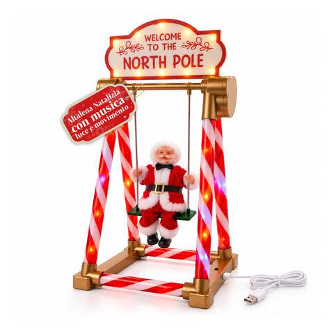 Père Noël sur balançoire 40 cm avec lumières LED, musique et mouvement