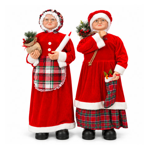 Figurine de Noël du Père Noël et de la Mère Noël, h110cm, décoration pour la maison, les magasins et les vitrines, 2 variantes au choix avec des branches de pin et des pommes de pin
