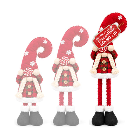 Gnome de Noël extensible de 60 à 80 cm, décoration en tissu tartan