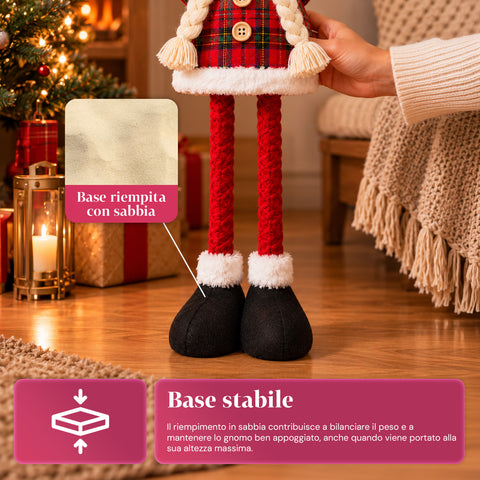Gnome de Noël extensible de 60 à 80 cm, décoration en tissu tartan